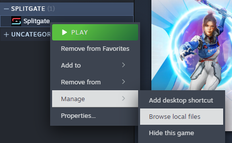 Steam library showing Browse Local Files option